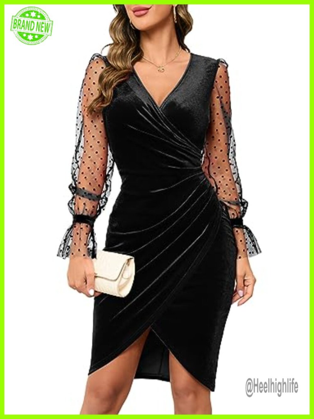 Sexy V Neck Long Sheer Sleeve Velvet Faux Wrap Ruched Bodycon Mini Dress